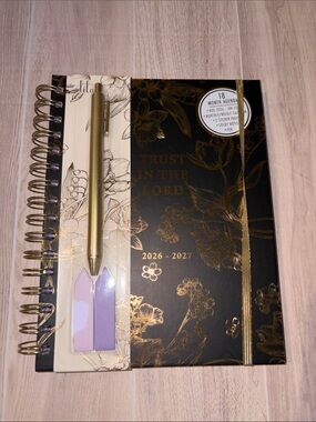 Faith-Inspired 2026-2027 Black & Gold Floral Planner with Gold Pen